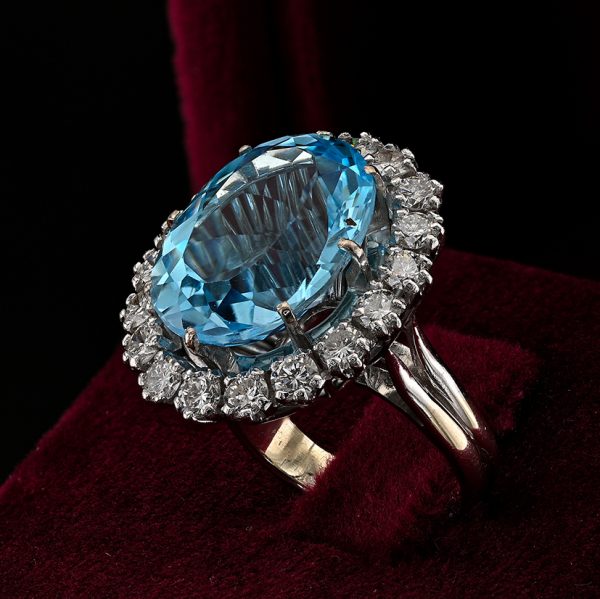 Vintage French 12cts Blue Topaz and Diamond Cluster Ring in Platinum and 18ct White Gold