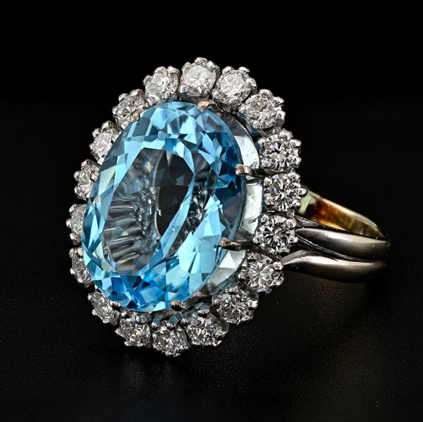 Vintage French 12cts Blue Topaz and Diamond Cluster Ring in Platinum and 18ct White Gold