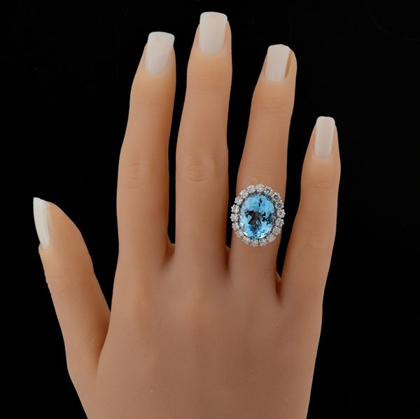 Vintage French 12ct Blue Topaz and Diamond Cluster Ring in Platinum and 18ct White Gold