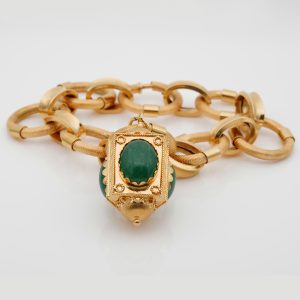 Vintage Italian Retro Etruscan Revival Gold Charm Bracelet with Chalcedony Fob