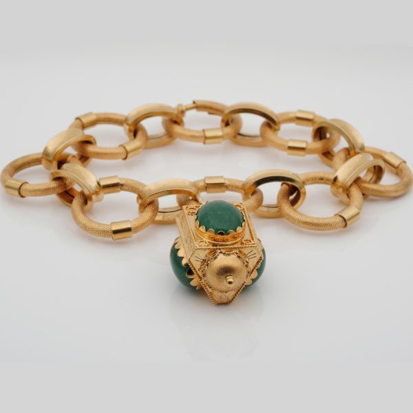 Vintage Italian Retro Etruscan Revival Gold Charm Bracelet with Chalcedony Fob
