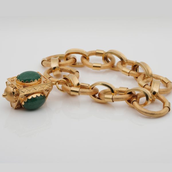 Vintage Italian Retro Etruscan Revival 18ct Yellow Gold Charm Bracelet with Chalcedony Fob