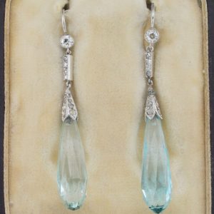 Art Deco 23cts Aquamarine and Old Cut Diamond Drop Earrings in Platinum