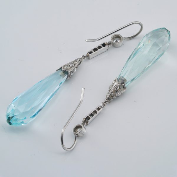 Art Deco 23cts Aquamarine and Old Cut Diamond Drop Earrings in Platinum