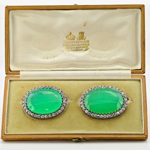 Victorian Antique 127.5cts Chrysoprase and 11ct Old Mine Cut Diamond Cluster Twin Brooch