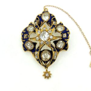 Victorian Antique Old Cut Diamond Blue Enamel and Gold Pendant Brooch
