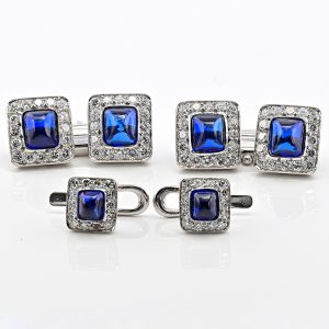 Vintage 11.40ct Sugarloaf Sapphire and Diamond Cluster Cufflinks Suite