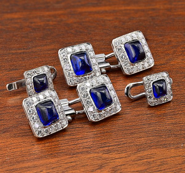 Vintage 11.40ct Sugarloaf Sapphire and Diamond Cluster Cufflinks Suite Dress Set