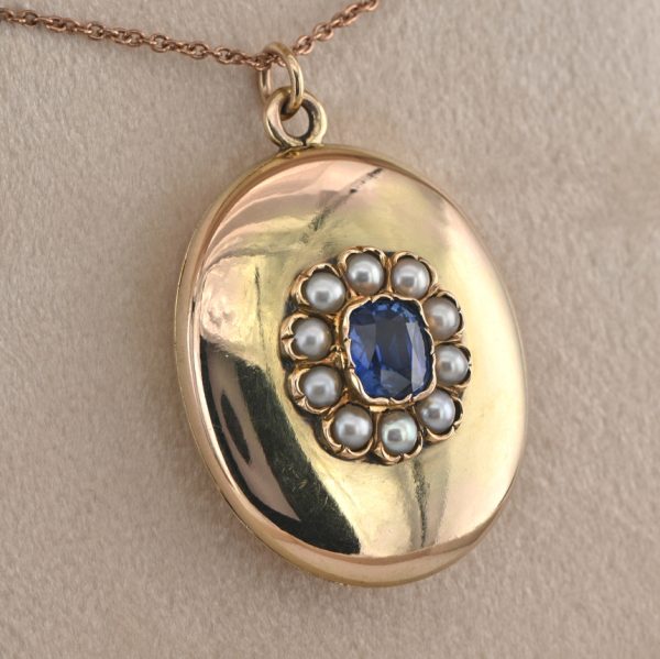 Victorian Antique Russian 2.60ct Ceylon Sapphire and Natural Pearl Cluster Gold Locket Pendant