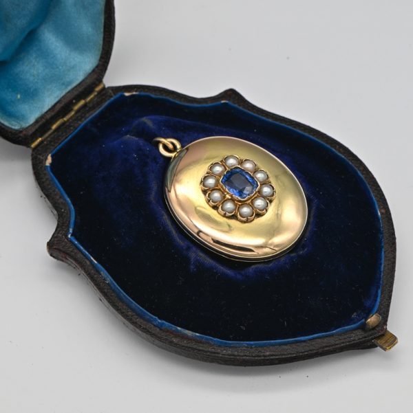 Victorian Antique Russian 2.60ct Ceylon Sapphire and Natural Pearl Cluster Gold Locket Pendant
