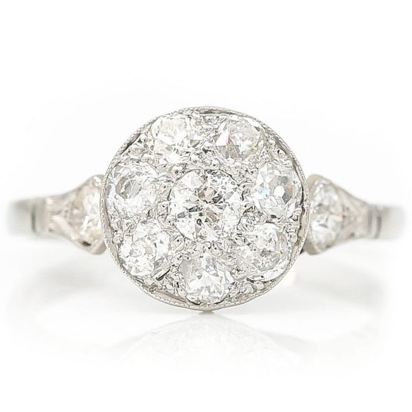 Edwardian Antique 1ct Old Mine Cut Diamond Cluster Engagement Ring in white gold and platinum