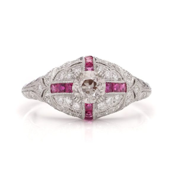 Old European Cut Diamond and Ruby Cluster Engagement Ring in Platinum