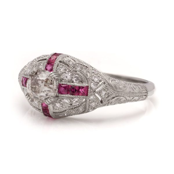Old European Cut Diamond and Ruby Cluster Engagement Ring in Platinum