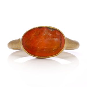 Roman Oval Carnelian Intaglio Ring With Goat Set in 22 Carat Gold Circa 100 – 300 AD