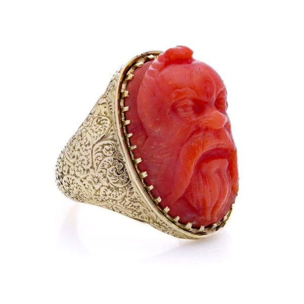 Victorian Antique Carved Coral and 15ct Gold Statement Ring depicting River God Head