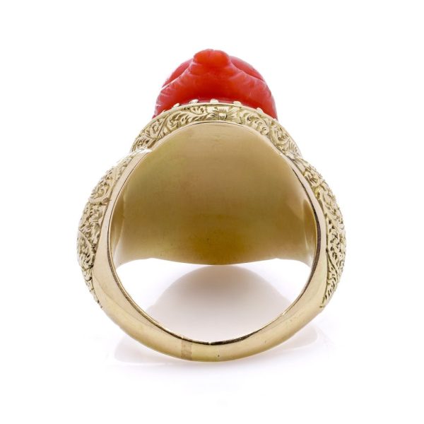 Victorian Antique Carved Coral and 15ct Gold Statement Ring depicting River God Head