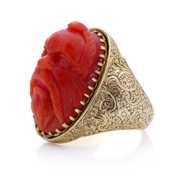 Victorian Antique Carved Coral and 15ct Gold Statement Ring