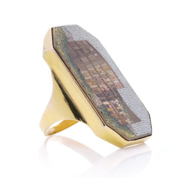 Antique men's gold micro mosaic ring featuring the Colosseum.