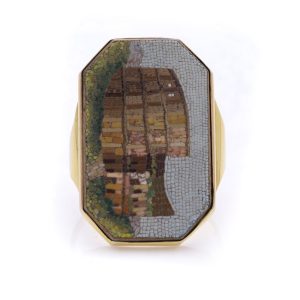 Antique men's gold micro mosaic ring featuring the Colosseum.