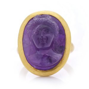 Antique Carved Amethyst Intaglio Ring With Woman’s Portrait Circa 1870’s in 24 Carat Yellow Gold