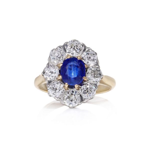 Antique sapphire and diamond cluster ring, Edwardian period vintage oval old cut