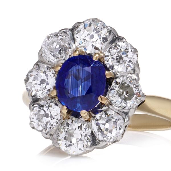 Antique sapphire and old cut diamond ring, oval shape yellow gold