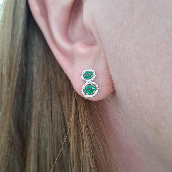 Emerald and Diamond Double Cluster Drop Stud Earrings