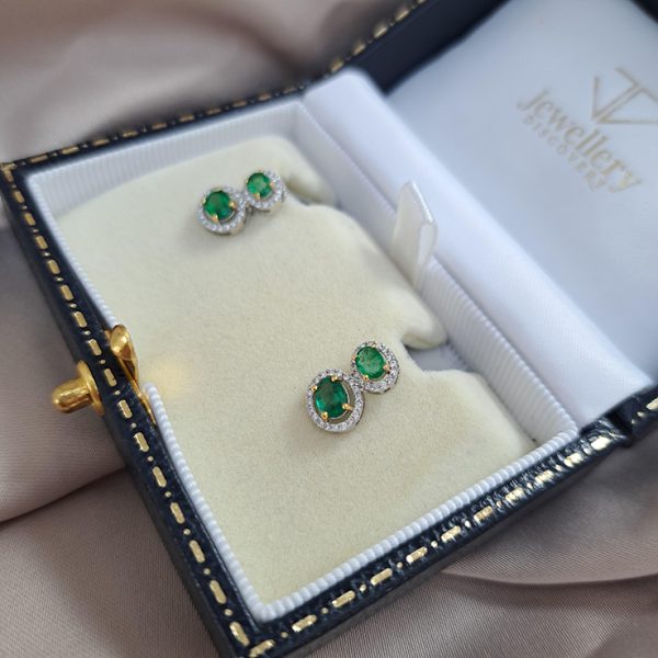 Emerald and Diamond Double Cluster Drop Stud Earrings