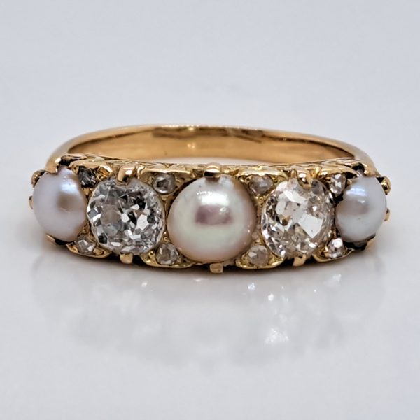 Antique 1.20ct Old Mine Cut Diamond and Pearl Five Stone Ring