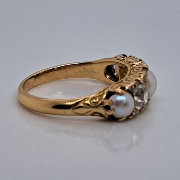 Antique 1.20ct Old Mine Cut Diamond and Pearl Five Stone Ring