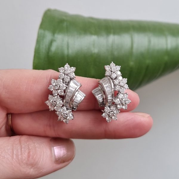 Baguette and Brilliant Diamond Floral Spray Clip Earrings, 4.12 carat total