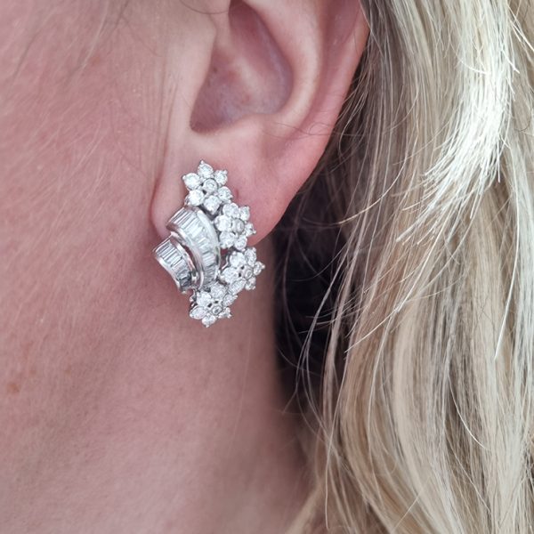 Baguette and Brilliant Diamond Floral Spray Clip Earrings, 4.12 carat total