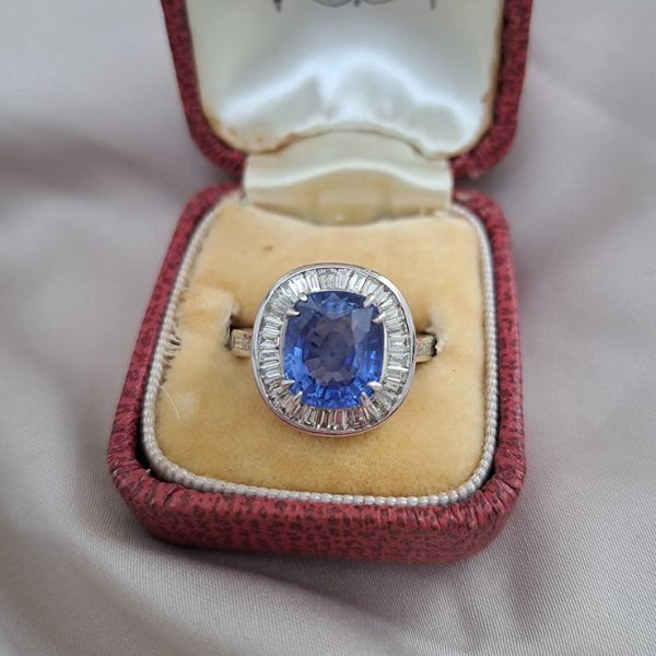 5.17ct Natural No Heat Ceylon Sapphire and Baguette Diamond Cluster Ring