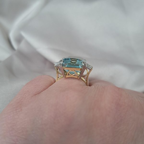 Art Deco 13.50ct Aquamarine and Diamond Cocktail Ring
