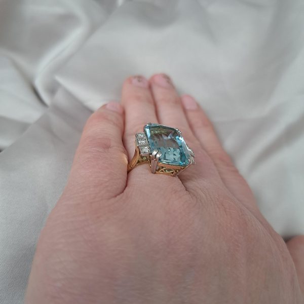 Art Deco 13.50ct Aquamarine and Diamond Cocktail Ring