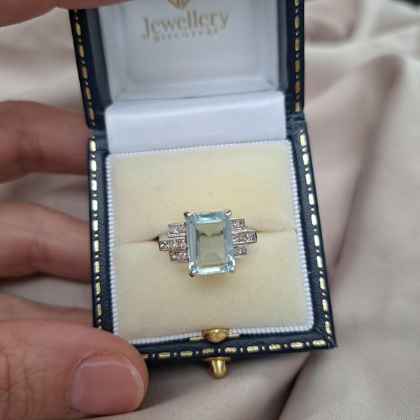 Aquamarine Cocktail Ring with Princess Diamond Shoulders