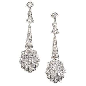 Vintage 1950’s Brilliant Cut Diamond Shell Design Drop Earrings Set In 18 Carat White Gold