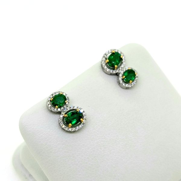 0.80ct Emerald and Diamond Double Cluster Drop Earrings in 18ct white gold