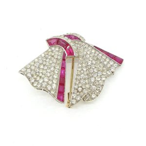 Vintage 1960s Ruby and Diamond Bow Brooch by G Petochi