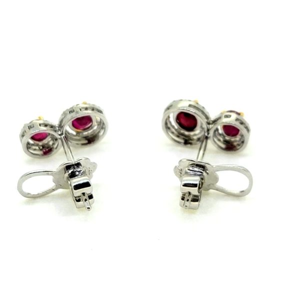 1ct Ruby and Diamond Double Cluster Drop Stud Earrings in 18ct white gold