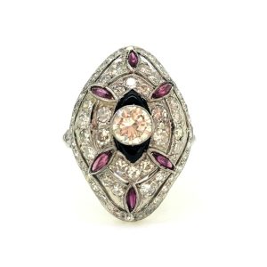 Art Deco Ruby Onyx and Diamond Cluster Dress Ring