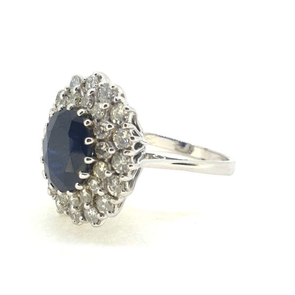 Vintage 4ct Oval Sapphire and Double Diamond Cluster Ring in 18ct White Gold Circa 1970