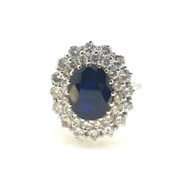 Vintage 4ct Oval Sapphire and Double Diamond Cluster Ring in 18ct White Gold Circa 1970
