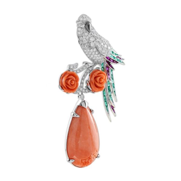 Diamond Bird Brooch with Carved Coral Pendant with Emeralds and Rubies