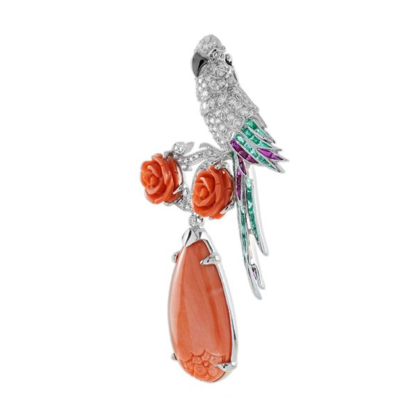Diamond Bird Brooch with Carved Coral Pendant with Emeralds and Rubies