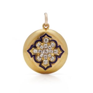 Victorian Antique Gold Locket Pendant with Blue Enamel and Diamonds