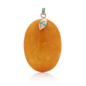 Vintage Amber Pendant With 9 Carat Rose Gold Mount Set With Turquoise and Diamond