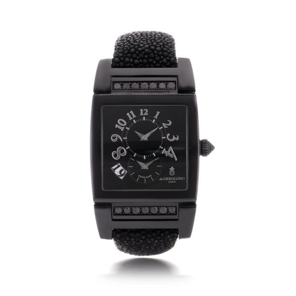 De Grisogno Instrumento N°UNO Black PVD Black Gem Automatic Unisex Watch, DF N726 33mm stainless steel case with black leather stingray band