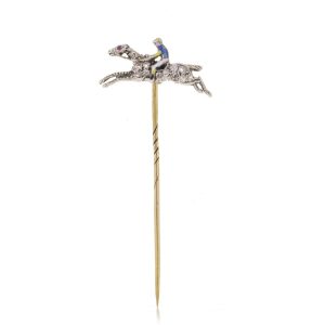 Antique Horse Racing Jockey Pin In 9 Carat Gold And Silver With Diamonds And Ruby