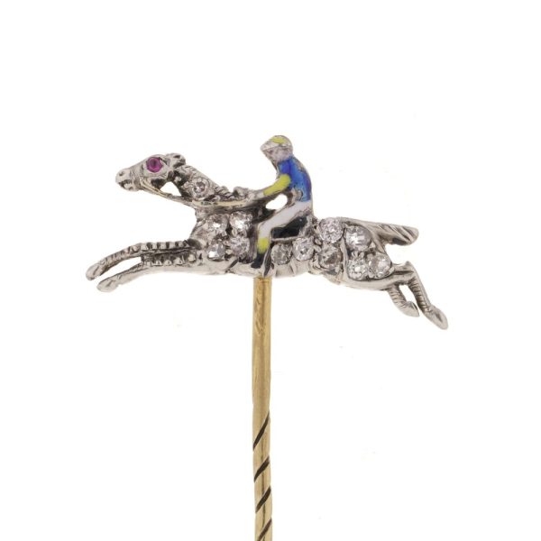 Antique gold silver horse racing jockey pin with enamel, diamonds and ruby. Circa 1890's